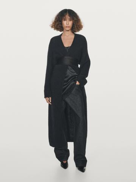 Massimo Dutti Длинный кардиган из ворсованной смесовой альпаки, темно-синий