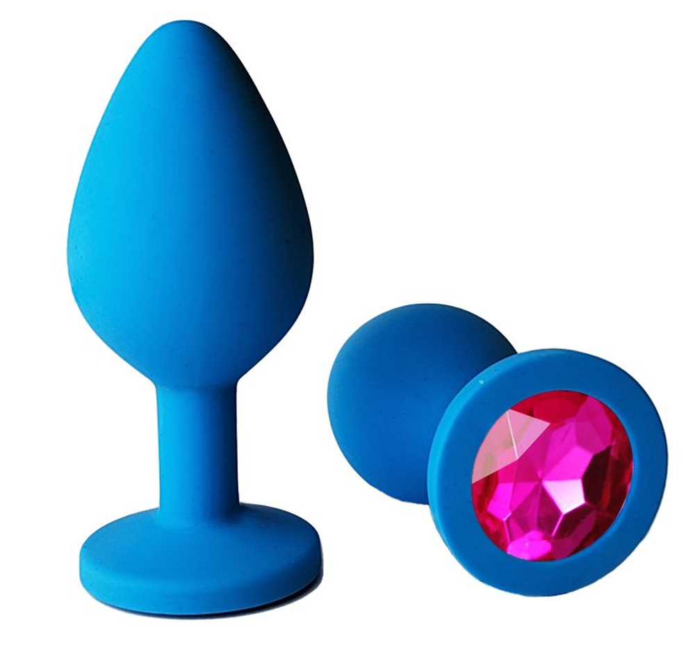 Голубая анальная пробка с розовым кристаллом - 8 см. (Цвет: розовый)