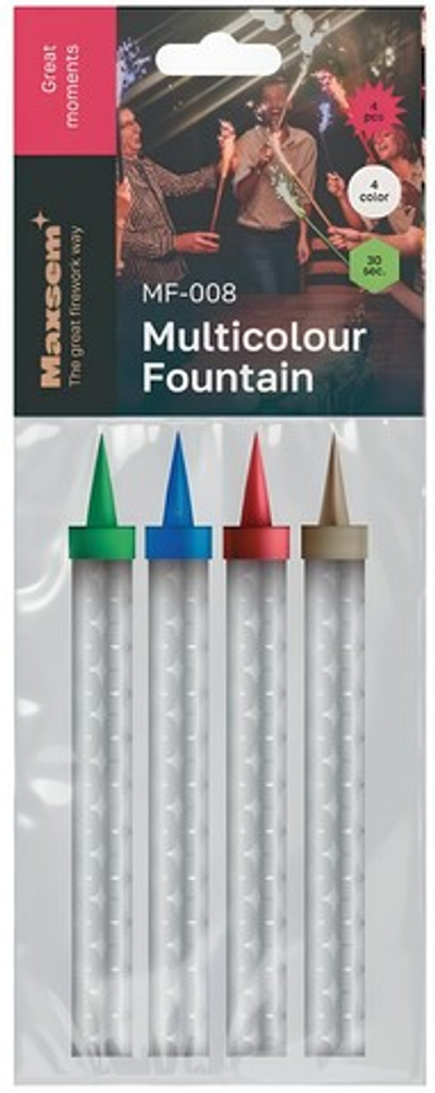 MF-008 Фонтаны в торт "HAPPY BIRTHDAY" (цветные искры) (40 секунд) (1 упаковка / 4 штуки)