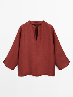 Massimo Dutti Блузка из 100% льна с V-образным вырезом, малиновый