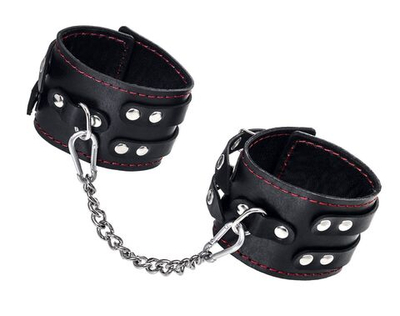 Черные кожаные оковы с двумя ремнями и контрастной строчкой (Цвет: черный)