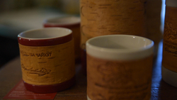 Кружка малая фарфоровая без ручки c берестой и с цитатами Достоевского. Dostoevsky forever.