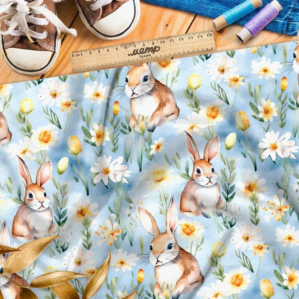 Ткань премиум шифон весенние зайцы