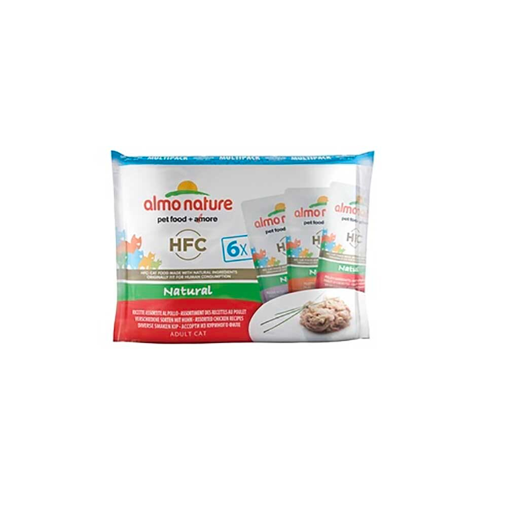 Almo Nature консервы для кошек "HFC Natural" с ассорти из курицы (50% мяса) 6 штук по 55 г набор пакетиков