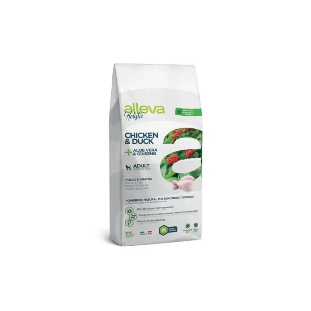 Alleva holistic adult chicken & duck medium сухой корм для взрослых собак с курицей и уткой, алое вера и женьшенем - 2 кг