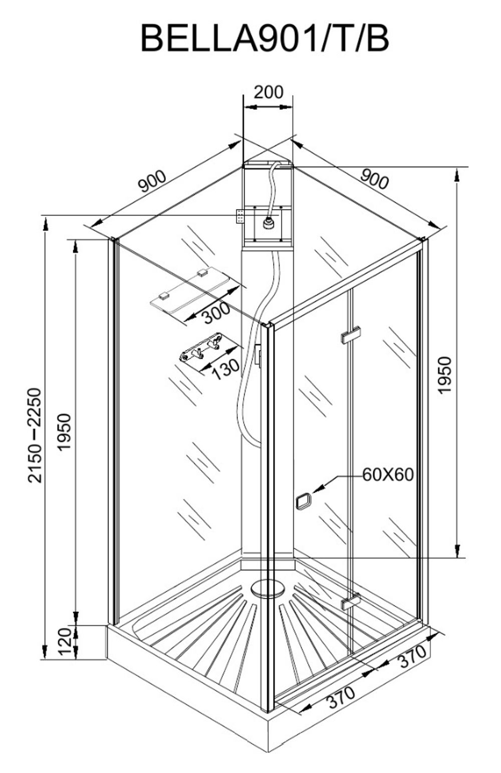 Кабина BELLA901B душевая без крыши Ceruttispa (90x90x215-225)