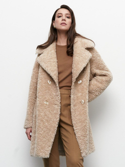 Шуба женская из овечьей шерсти чебурашка тедди, бежевое, SilverFox