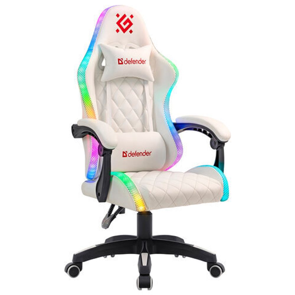 Кресло компьютерное DEFENDER "Energy", 2 подушки, RGB-подсветка, экокожа, белое, 64557