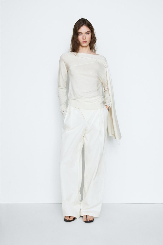 Massimo Dutti Плиссированные брюки с перекрестной застежкой - STUDIO, кремовый