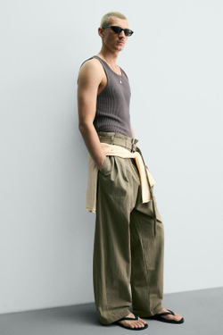 ZARA БРЮКИ WIDE-LEG СО СКЛАДКАМИ И РЕМНЕМ, НЕОНОВЫЙ ЗЕЛЕНЫЙ