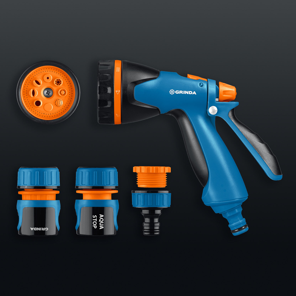 GRINDA B-812, пистолет поливочный B-8, коннектор 1/2, коннектор 1/2 с автостопом, адаптер с внутр. резьбой 1/2 х 3/4, набор поливочный PROLine (429114)