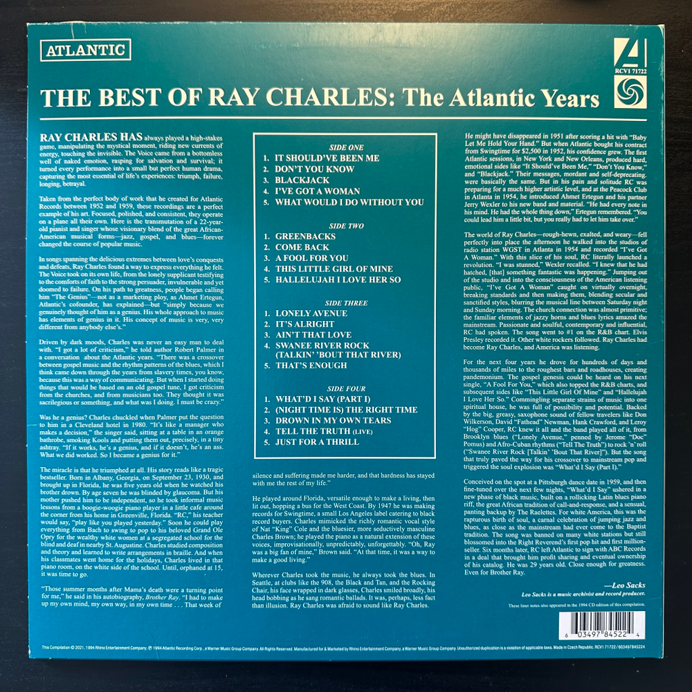 Ray Charles - The Best Of Ray Charles: The Atlantic Years 2LP (Европа 2021г.)