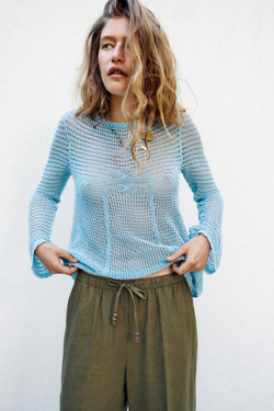 ZARA БРЮКИ ПРЯМОГО КРОЯ ИЗ СМЕСОВОГО ЛЬНА, ХАКИ