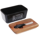 Масленка керамическая «White magic» 16,5*10*8см с крышкой из акации и ножом для масла, черная