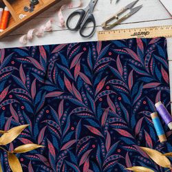 Ткань атлас затемнённые красно-синие листья