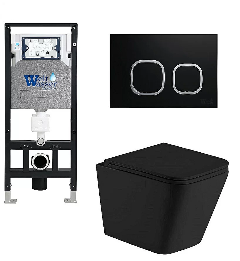 Унитаз подвесной WeltWasser AMBERG 506 + GELBACH 043 MT-BL + AMBERG RD-BL черный матовый, безободковый, с крышкой микролифт, слив-торнадо, с инсталляцией и черной кнопкой