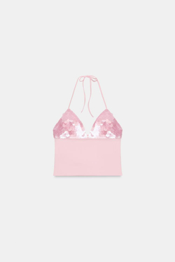 ZARA ТОП С ГОРЛОВИНОЙ ХАЛТЕР И ПАЙЕТКАМИ, ПАСТЕЛЬНО-РОЗОВЫЙ