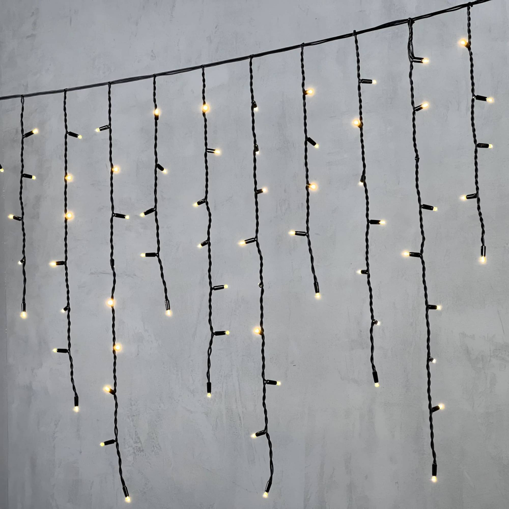 Светодиодная бахрома с колпачком 3,2*0,9 м., 168 теплых белых LED ламп, каучуковый черный провод, LTC (LL168-1-2WW)