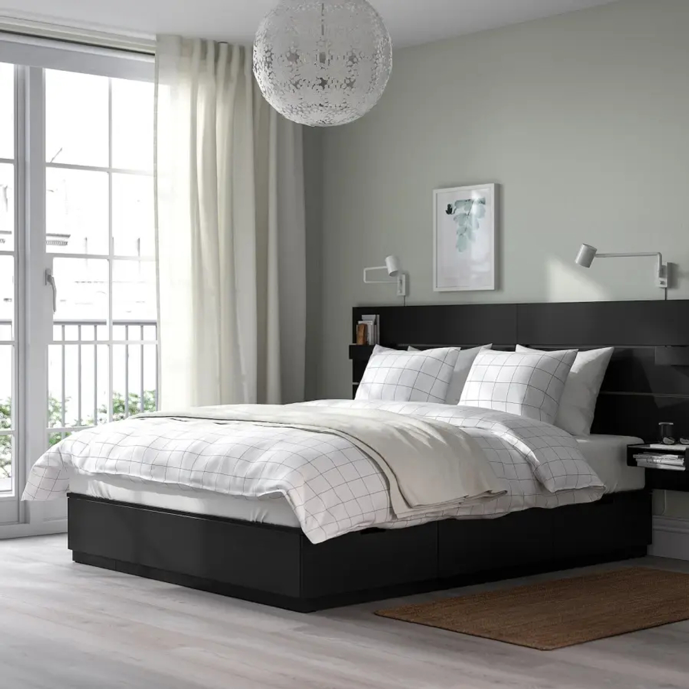 Каркас кровати с контейнером и матрасом - IKEA NORDLI, 200х140 см, черный, НОРДЛИ ИКЕА