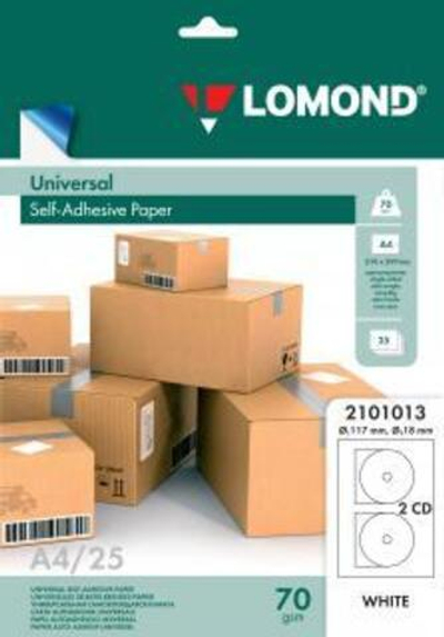 Самоклеящаяся бумага LOMOND универсальная для этикеток, A4, 2 шт для CD/DVD (D117 / D18мм), 70 г/м2, 25 листов
