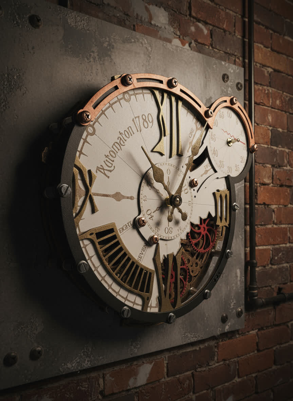 Настенные часы WOODandROOT Automaton 1789 Hermitage на кирпичной стене в индустриальном интерьере в стиле стимпанк