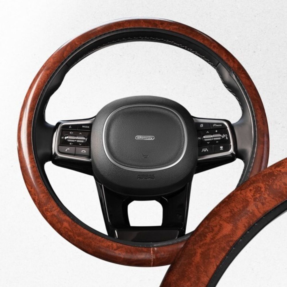 Оплетка руля M 37-38 см экокожа коричневая Wood-4 (SKYWAY)