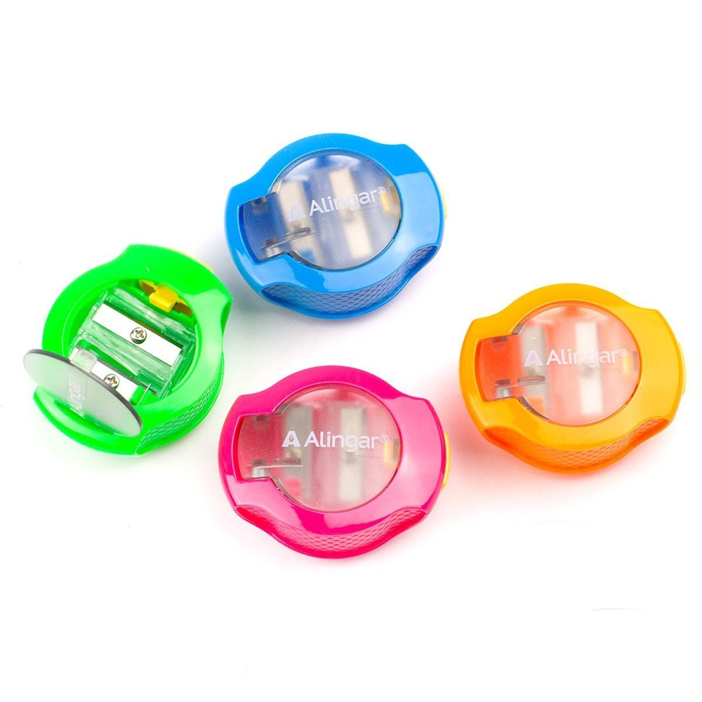 Точилка пластиковая Alingar, 2 отверстия, контейнер, ассорти, картонная упаковка(24шт)