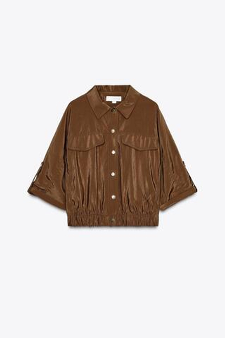 ZARA РУБАШКА В СТИЛЕ САФАРИ С КОРОТКИМИ РУКАВАМИ, СВЕТЛО-КОРИЧНЕВЫЙ