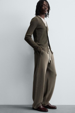 ZARA БРЮКИ ИЗ ТРИКОТАЖА С РЕЛЬЕФНОЙ СТРУКТУРОЙ, ТАБАЧНЫЙ