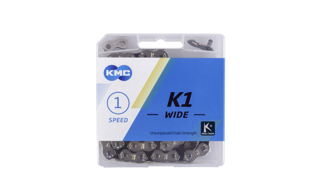 Цепь KMC K1-W для 1 скорости, BMX, Dirt, Fixed, 1/2"х1/8", 110 звеньев, пин 9.3мм, с замком, серая