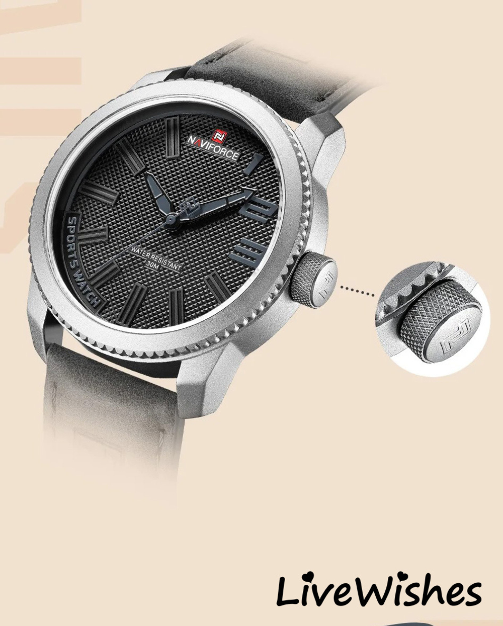 Часы наручные кварцевые NAVIFORCE на кожаном ремешке, серебристый/серый W8950-02