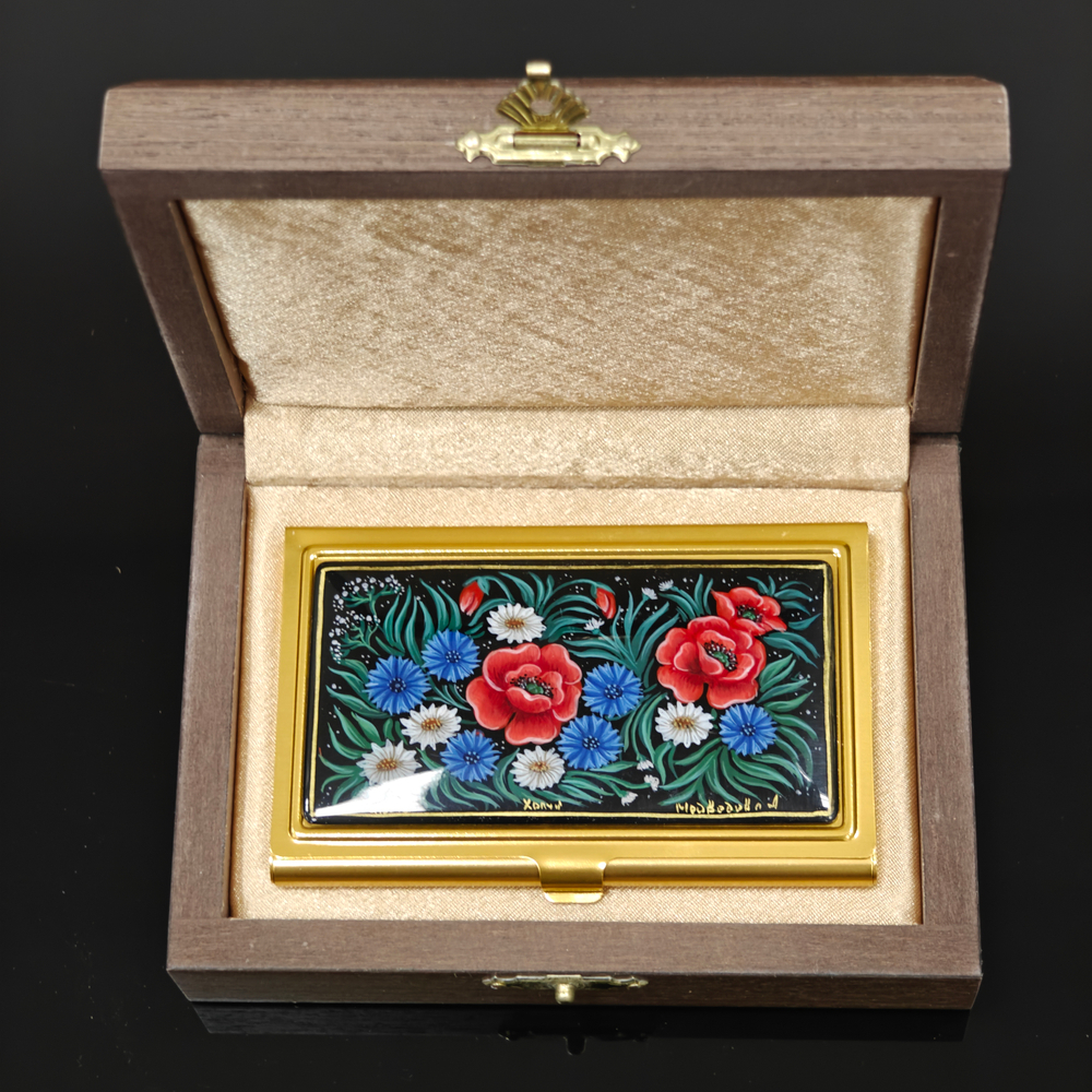 Коллекционная визитница "Полевые цветы" с ручной росписью Палех в футляре