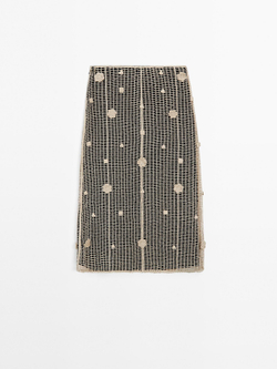 Massimo Dutti Юбка миди с цветочной вышивкой, кремовый