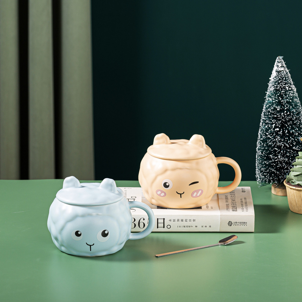 Керамическая кружка с крышкой и ложкой, розовый/голубой/желтый/персиковый, 370 мл