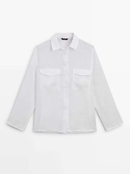Massimo Dutti рубашка из 100% льна с карманами, белый