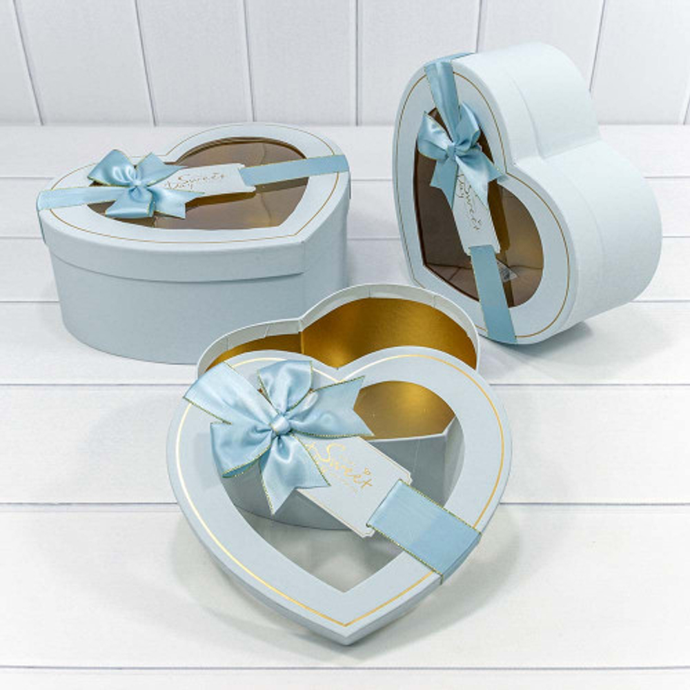 Коробка 29.8х25.5х11.5 см Набор 3 шт "Сердце" с бантом (Голубой)