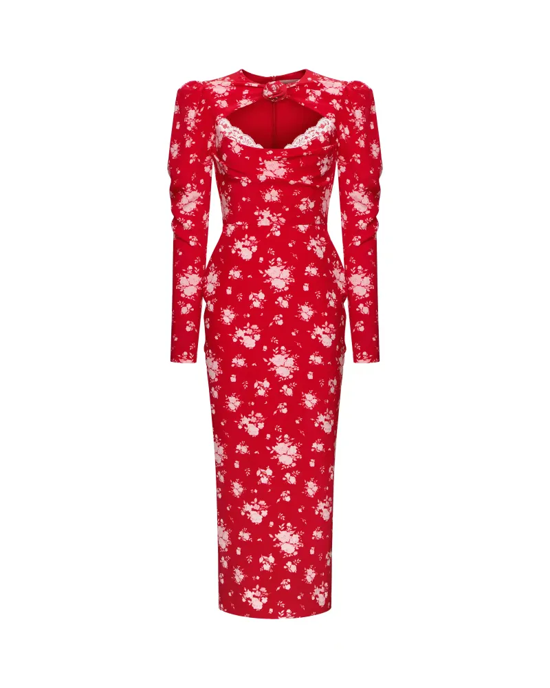 Macel midi, платье миди из красного крепдешина с цветочным принтом