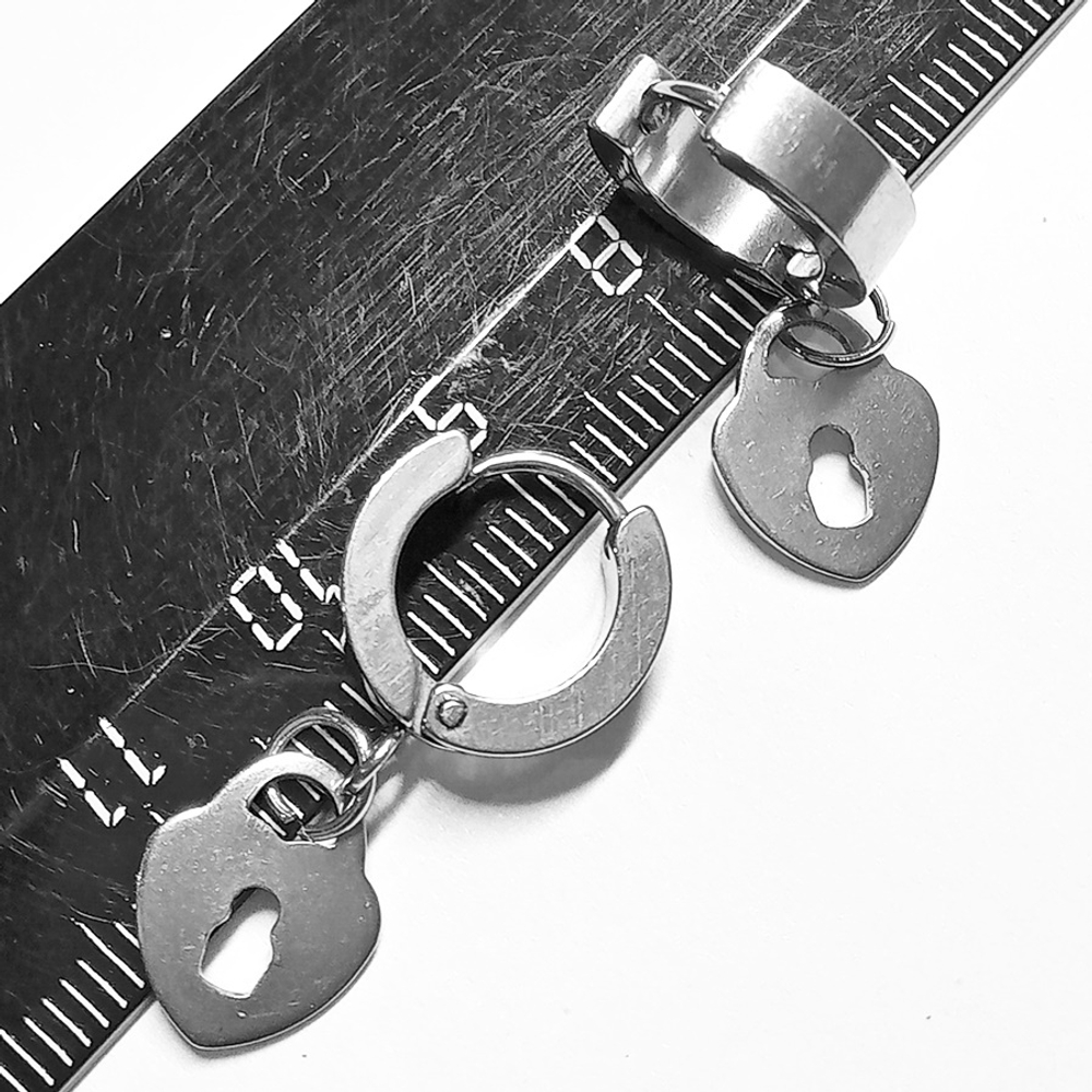 Серьги кольца с подвеской "Замочек" (10х12мм) для пирсинга ушей. Медицинская сталь. Цена за пару!