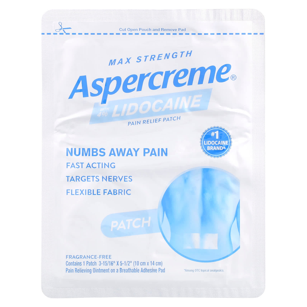 Aspercreme, Обезболивающий пластырь с 4% лидокаином, максимальная сила, без отдушек, 5 пластырей (10 см x 14 см) каждый