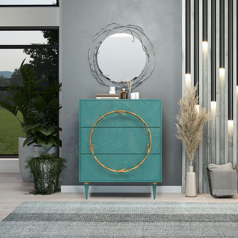 Комод Арт Колор leaves Классик Голд с 3 ящиками Пастельно-синий