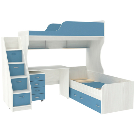 Двухъярусная кровать КарИВи Дуэт-5 с лестницей Комод КарИВиом Белое Дерево Светло-синий, голубой