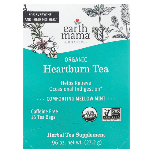 Earth Mama, Organics, органический чай от изжоги, успокаивающая мята, без кофеина, 16 чайных пакетиков, 27,2 г (0,96 унции)