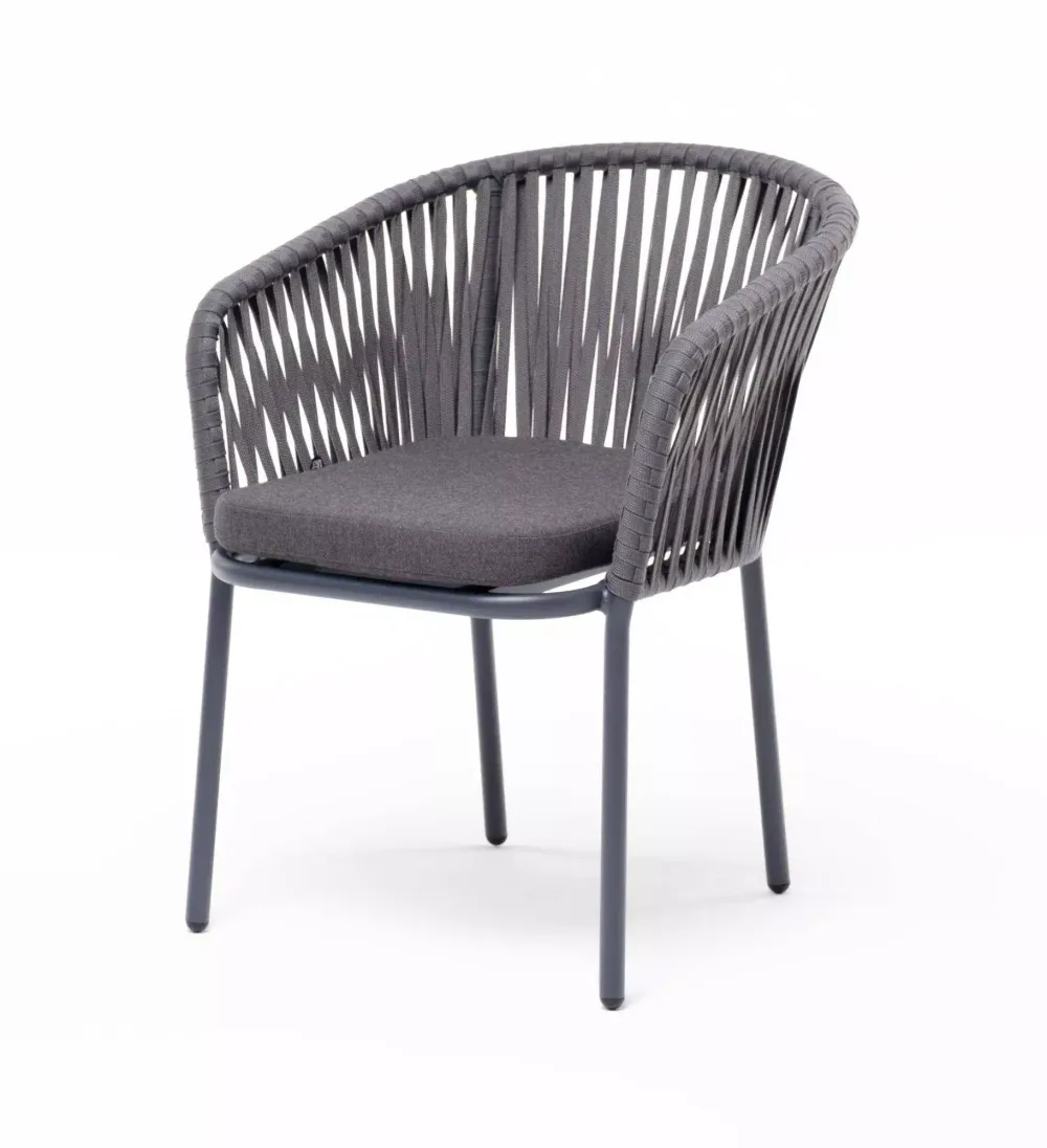 "Бордо" стул плетеный из роупа, каркас алюминий серый (RAL7022) муар, роуп серый 15мм, ткань темно-серая 027