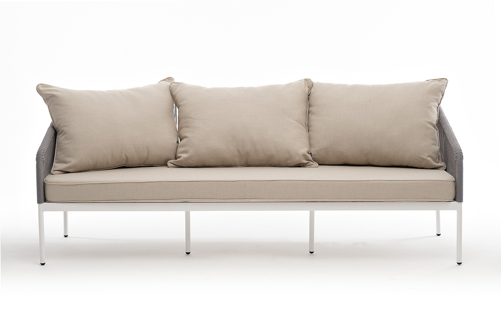 "Канны" диван 3-местный плетеный из роупа, каркас алюминий белый муар, роуп светло-серый круглый, ткань бежевая 15052