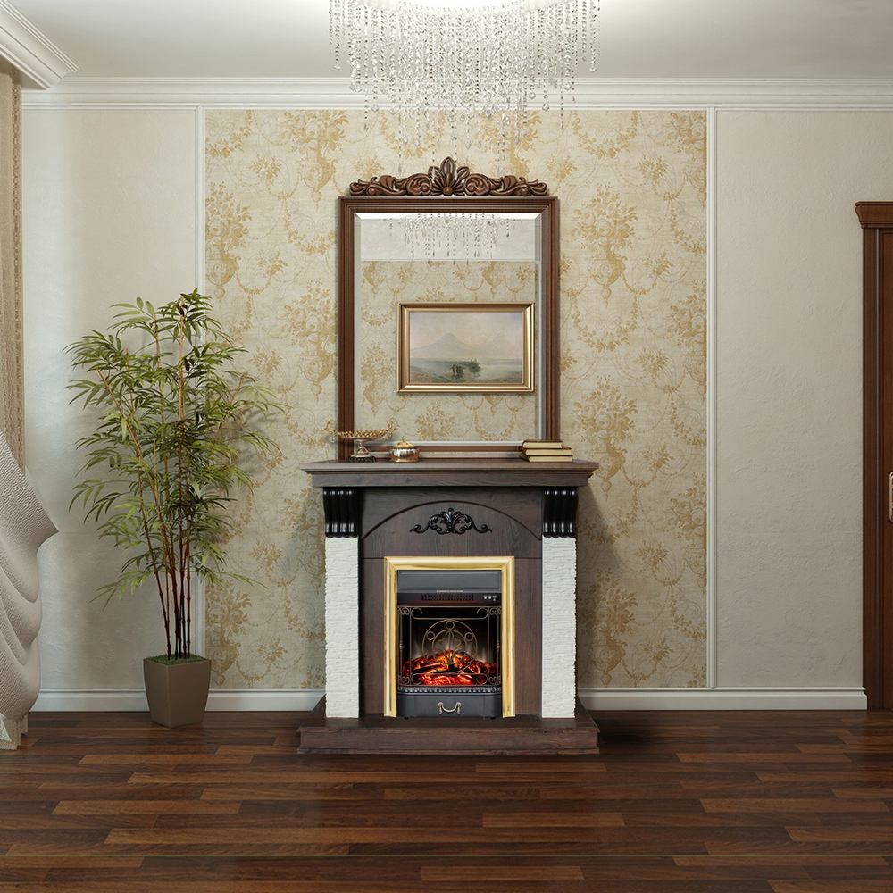 Электрокамин RealFlame Corfino NT орех с очагом Majestic Lux Brass