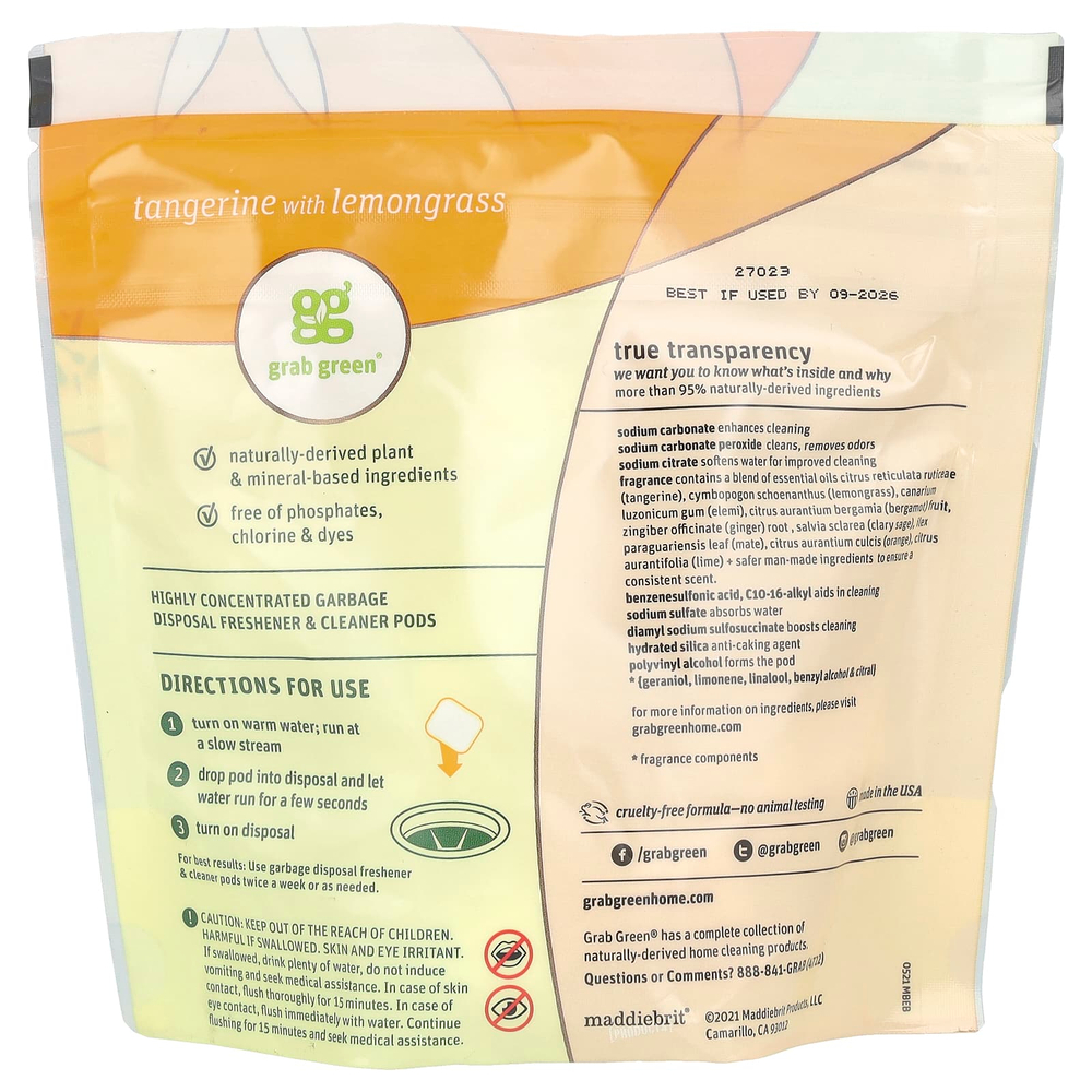 Grab Green, освежитель и очиститель для измельчителя пищевых отходов, мандарин и лемонграсс, 12 капсул, 168 г (5,9 унции)