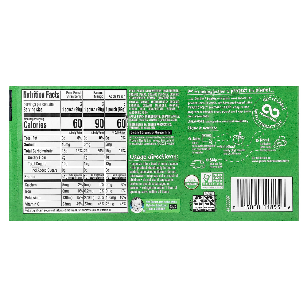 Gerber, Organic for Baby, 2nd Foods®, Fruit Favourites, 9 пакетиков, 99 г (3,5 унции)