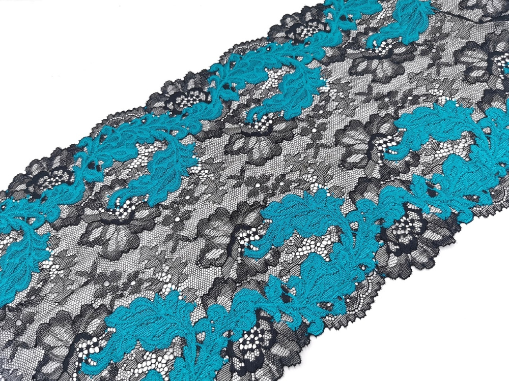 Эластичное кружево, 24см, черное и яркая бирюза, (Арт: EK-2612), м