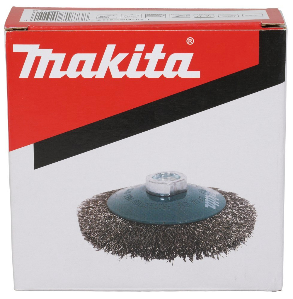 Щетка проволочная дисковая (d115 мм, толщ. проволоки 0.3 мм, пучки, нерж., M14x2) Makita D-77562 M14х2 115 мм Дисковая 0,5 мм Металл Пучки витой проволоки