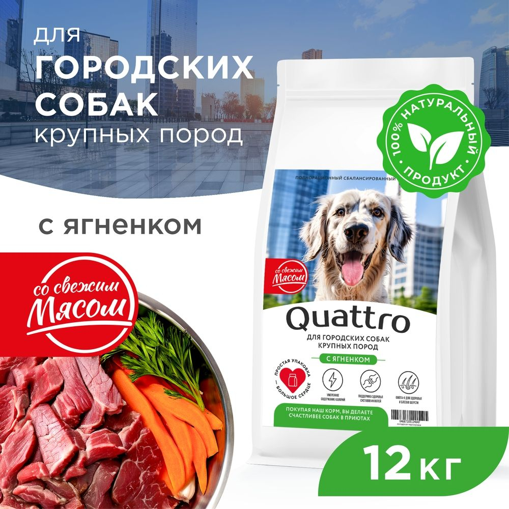 Корм сухой для взрослых собак крупных пород, премиум полнорационный комплекс, для городских собак, с ягненком, 12 кг, QUATTRO